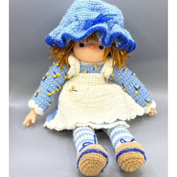 Handmade Other - Vintage Handmade Rubber Face & Hands Doll Crocheted Apron Dress Yarn Hair 16"